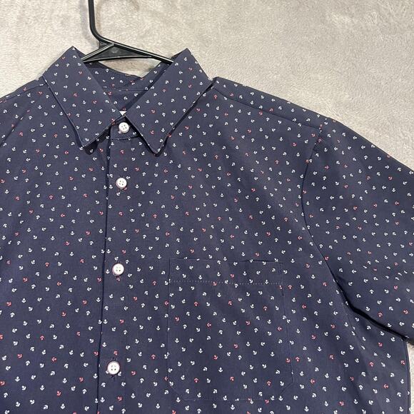 Mizzen+Main Shirt Mens Large Trim Fit Navy Anchor Print Short Sleeve Button Up - Picture 3 of 7